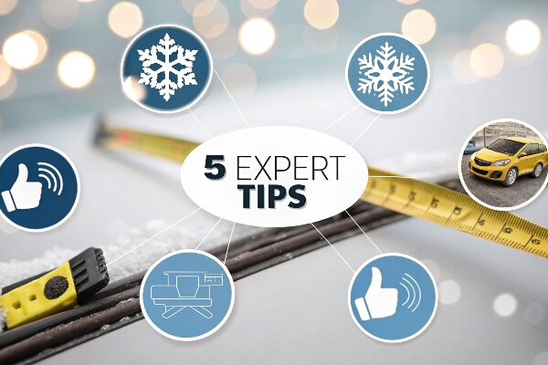 Infographic with 5 numbered tips for choosing wiper blades: measuring size, connector types, material comparison, climate symbols, and installation check.