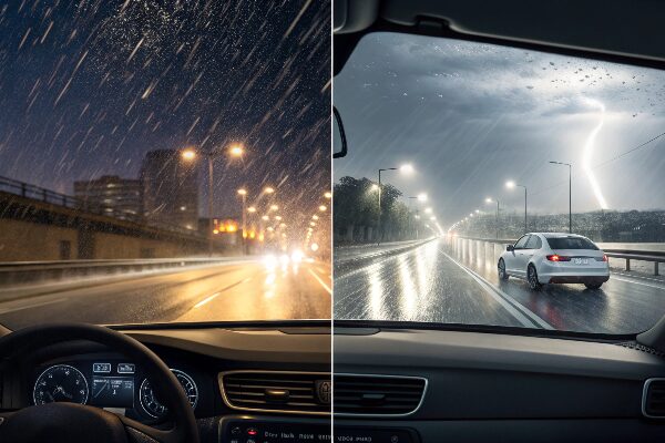 Side-by-side comparison showing a streaky, dangerous windshield view versus a clear, safe view with TOPEX wiper blades during a heavy rain storm at night.