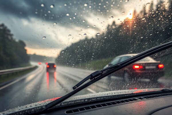 Driver's view of TOPEX wiper blades clearing heavy rain from a windshield during a night drive.