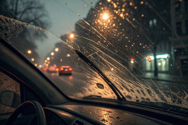 Close-up of a streaky, smeared windshield from worn wiper blades, showing blurred city lights at night.