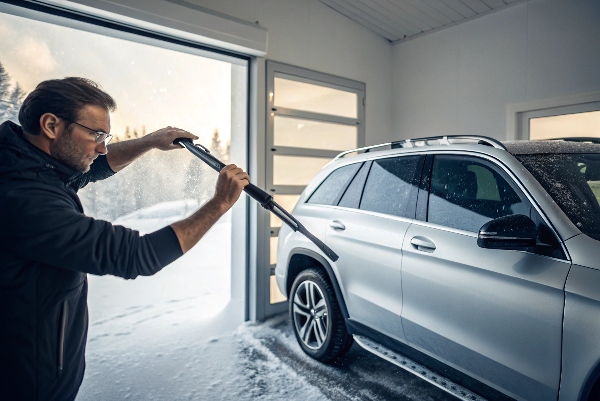 Hands installing premium snow wiper blades on a vehicle parked in snowy conditions.