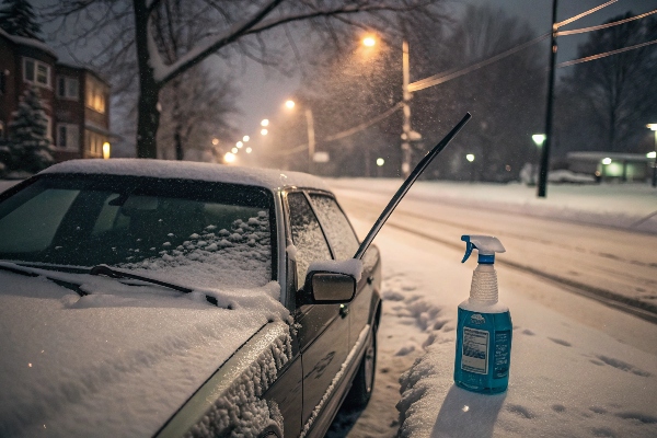 A car prepared for winter with wiper arms lifted to prevent ice buildup, alongside recommended supplies like silicone blades and winter fluid for optimal 2025 performance.