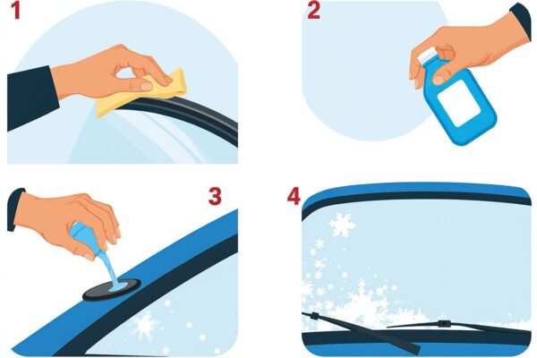 Step-by-step visual guide illustrating key maintenance tasks: cleaning the blades, using correct fluid, and lifting arms in freezing weather.