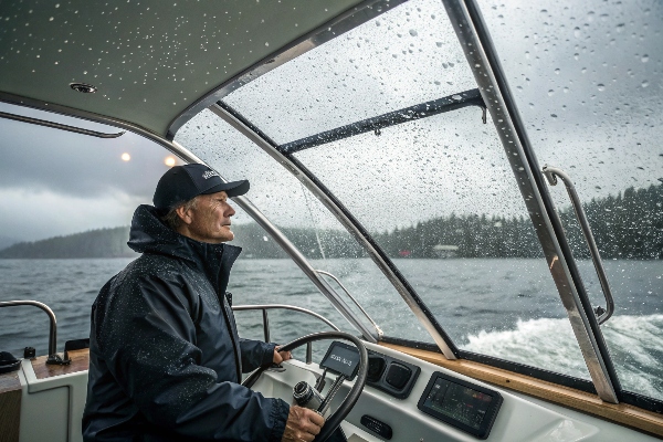 Crystal-clear visibility through a boat windshield equipped with premium marine wiper blades, showcasing the safety benefits and unobstructed views achieved with proper wiper blade selection and maintenance.