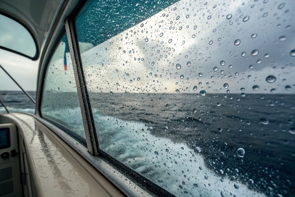 Close-up view of salt spray and water droplets accumulating on a boat windshield, illustrating the challenging marine conditions that require specialized wiper blades for maintaining clear visibility.