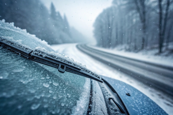 Close-up of wiper blades completely encased in thick ice during a snowstorm.