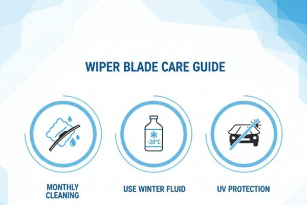 An infographic summarizing key wiper blade maintenance steps: monthly cleaning, using winter-grade fluid, and UV protection for extended lifespan and safety.