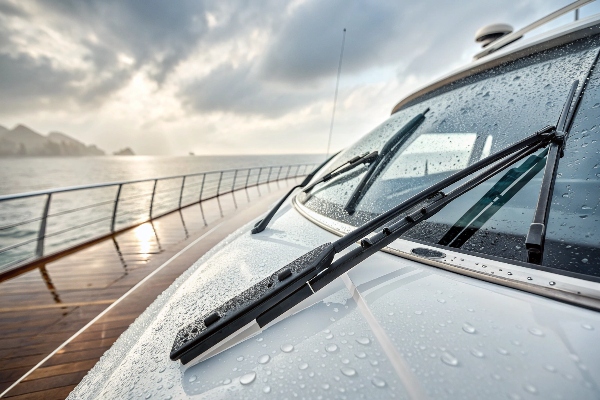 Topex marine-grade hybrid wiper blades performing effectively on a yacht windshield, demonstrating their superior corrosion resistance and streak-free wiping capability in marine conditions.