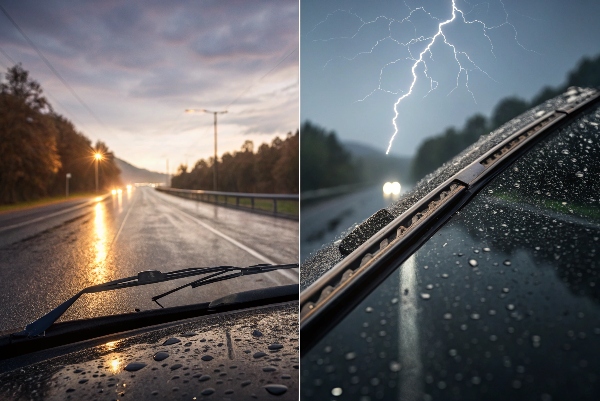 A clear comparison between a worn, streaking wiper blade and a new, effective one.