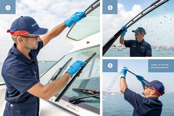 Comprehensive maintenance demonstration showing proper cleaning and care techniques for marine wiper blades, including freshwater rinsing, inspection for wear, and application of protective treatments to extend lifespan.