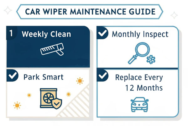 Infographic showing weekly cleaning, monthly inspection, and parking tips for wiper blades