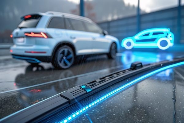 Futuristic smart wiper blade with sensors and heating elements for ADAS-equipped vehicles.