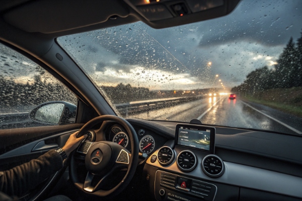 Driver’s view through a car windshield in rain — left side clear from new wiper, right side blurred showing safety contrast.