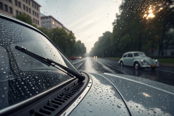 Side-by-side comparison of rubber and silicone wiper blades on a rainy windshield — silicone leaves clear glass, rubber shows streaks.