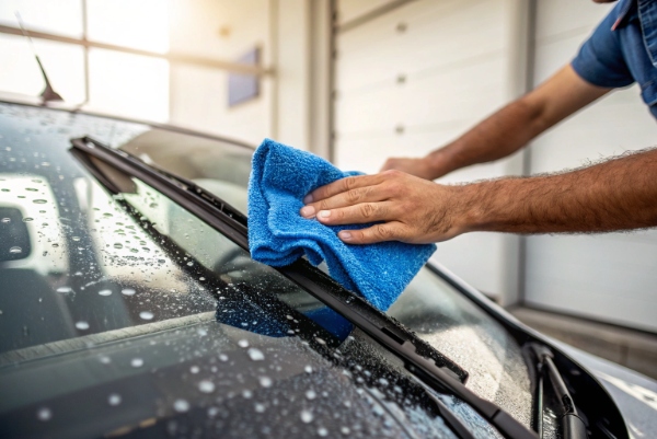 Hand wiping wiper blade with microfiber cloth and soapy water