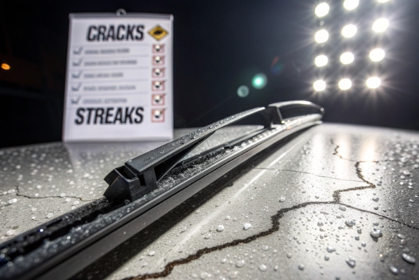 Close-up of cracked and frayed wiper blade rubber under inspection light