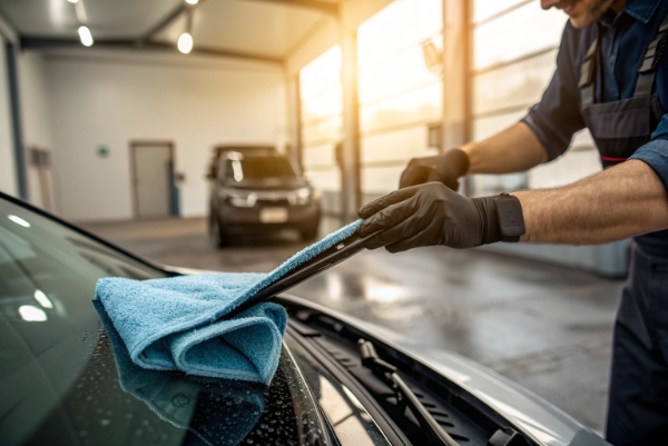 Technician cleaning a wiper blade with a cloth, demonstrating proper maintenance.