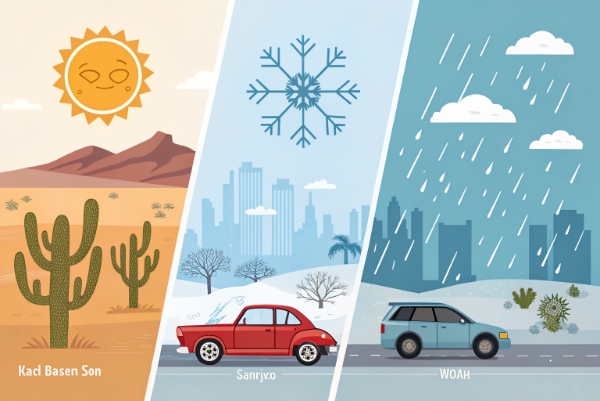 An infographic explaining the varying replacement schedules for wiper blades in hot, cold, and mild climates.