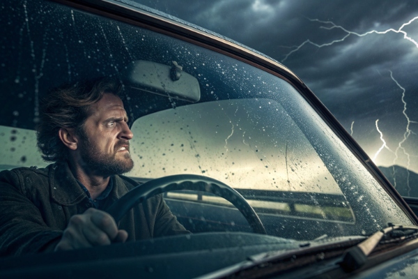 Driver frustrated by squeaky, streaking wiper blades during a heavy rainstorm