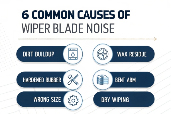 Infographic showing the top 6 causes of squeaky wiper blades with icons