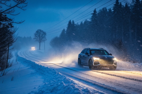 Specialized winter wiper blades effectively clearing thick snow and ice from a windshield during a blizzard.