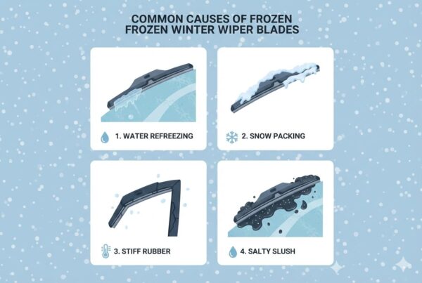 Infographic-style illustration showing the main causes: moisture refreeze, snow packing in joints, hardened rubber, and salt buildup.
