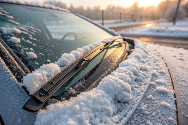 Close-up of a standard framed wiper blade packed with ice and snow, lifted off the glass and unable to clear properly.
