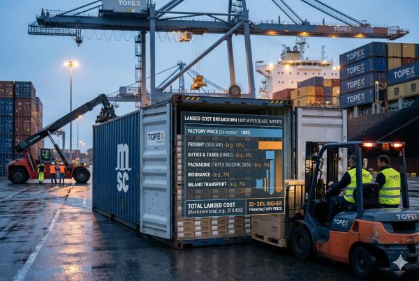 Shipping container filled with wiper blades with transparent cost breakdown overlay showing factory price vs real landed cost
