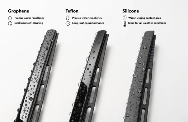 Head-to-head comparison of Graphene, Teflon, and Silicone wiper blade coatings showing their performance differences