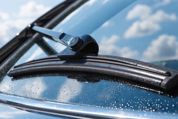 Freshly cleaned wiper blade resting on a clear windshield, showing soft flexible rubber edge ready for effective wiping
