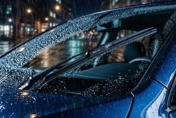 Perfect water beading and sheet-off effect on a coated windshield during heavy rain, with silicone wiper blades gliding smoothly for streak-free visibility