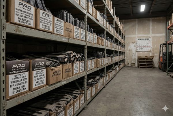 Warehouse shelves stacked with unsold winter-specific wiper blades in March, snow boots and heavy-duty frames tying up space and capital during off-season