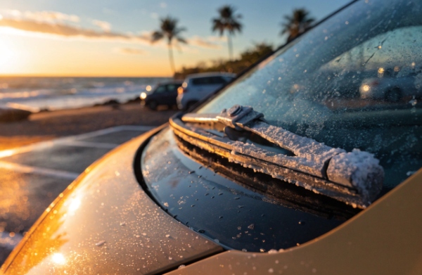 Wiper blade on a car parked near the ocean, heavily crusted with dried sea salt, showing corrosion and degradation from coastal exposure