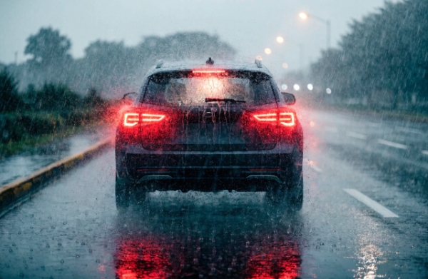 SUV rear window heavily blurred and streaked in heavy rain due to failed or ineffective rear wiper blade, highlighting safety risk from poor rear visibility