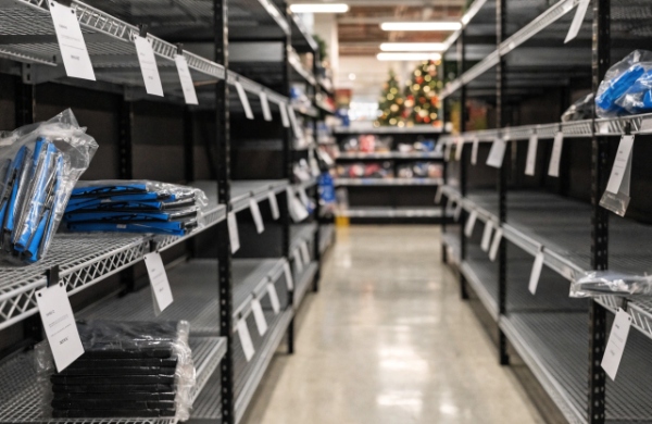 Empty retail shelf with gaps during peak season, showing stock-out situation that causes lost sales and damaged brand trust
