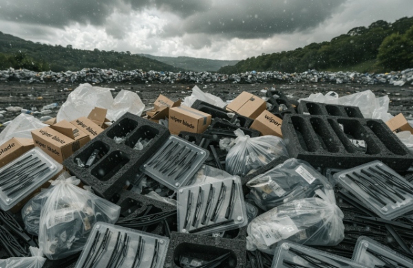 Plastic-heavy wiper blade packaging piled up in a landfill, highlighting environmental damage and brand reputation risk