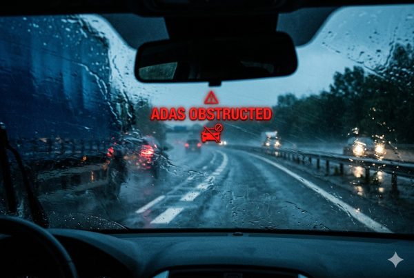 ADAS camera view heavily obstructed by streaky wiper residue on the windshield during rain, showing safety system failure risk
