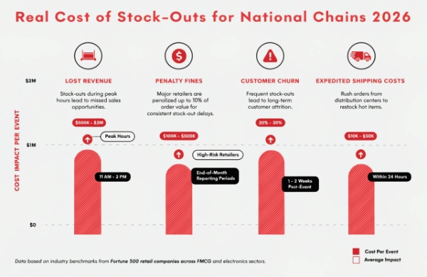 Chart or visual showing the financial impact of stock-outs including lost revenue, penalties, and customer churn for national chains