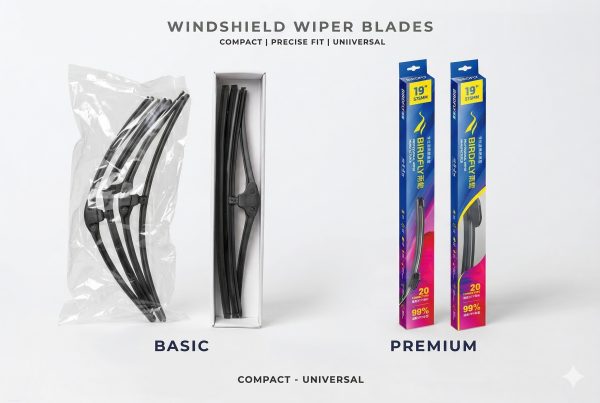 Side-by-side comparison: plain commodity wiper blades in generic bag vs premium private label version in branded, high-perceived-value packaging