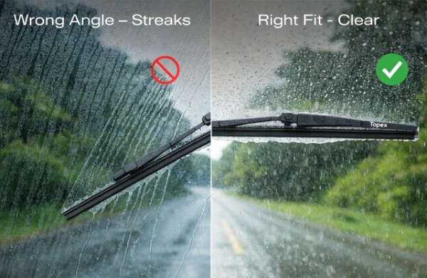 Side-by-side comparison: wrong installation angle causing streaking and uneven wipe vs correct flat contact with perfect even pressure using Topex adapters