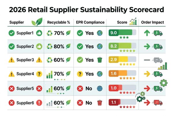 Supplier sustainability scorecard chart showing how eco-packaging compliance affects order volume and delisting risk in 2026