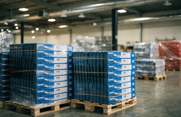 TOPEX factory warehouse with retail-ready, optimized packaging boxes ready for export, reducing landed cost and compliance risk