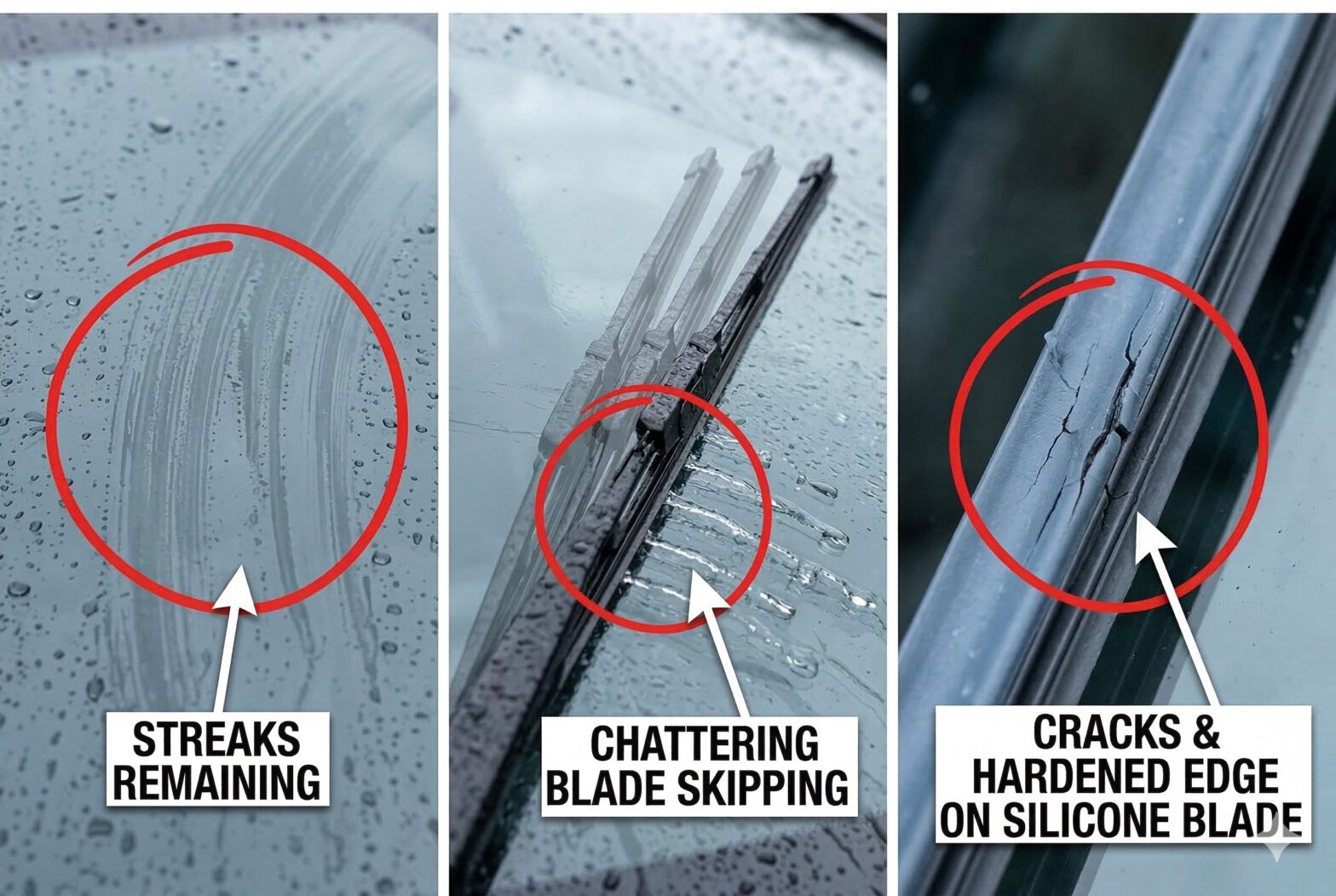 Close-up photos of the three main signs: streaks, chatter, and visible cracks on silicone wiper blades