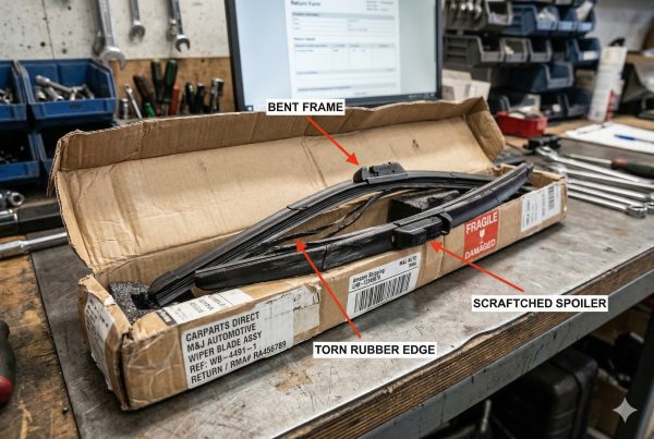 Typical damaged wiper blade return due to poor packaging: bent frame, torn rubber edge, and scratched spoiler in a crushed box