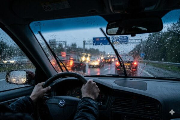 A car windshield covered in severe water streaks and blurriness during heavy rain, illustrating common wiper blade failures like streaking and poor contact.
