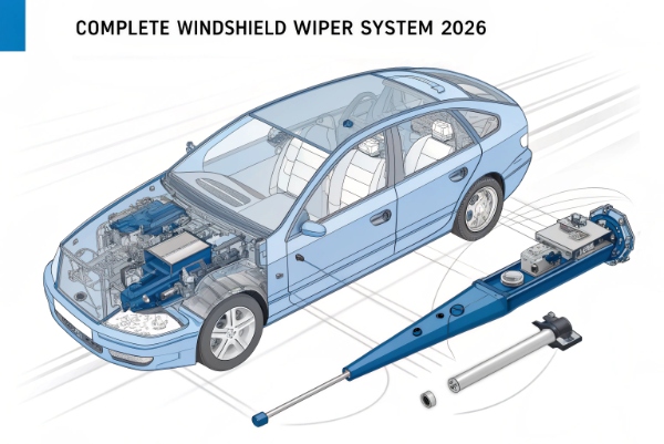 Clear labeled diagram of a complete modern windshield wiper system including blades, arms, linkage, motor, and washer components