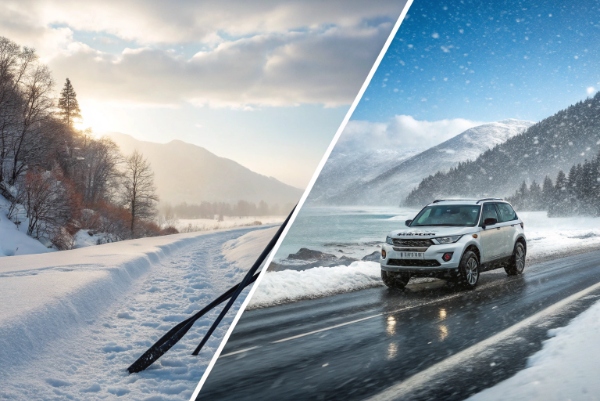 Side-by-side comparison of winter wiper blades in snow and all-season blades in rain, highlighting performance differences