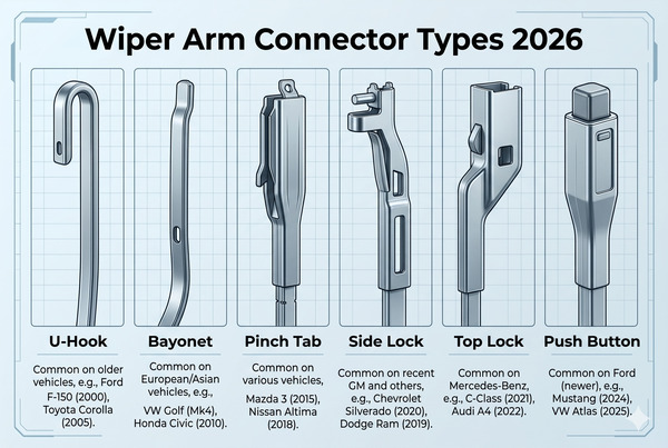 Clear comparison chart showing different wiper arm connector types including U-Hook, Bayonet, Pinch Tab, Side Lock, Top Lock, and Push Button