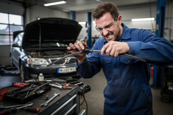 Frustrated auto technician struggling to install the wrong wiper blade on a vehicle arm