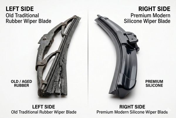 Side-by-side comparison of traditional rubber wiper blade vs modern advanced silicone wiper blade